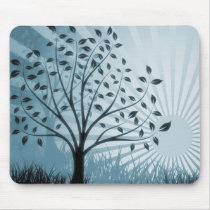 Tree Leaves Grass Silhouette & Sunburst - Blue