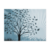 Tree Leaves Grass Silhouette & Sunburst - Blue