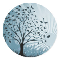 Tree Leaves Grass Silhouette & Sunburst - Blue