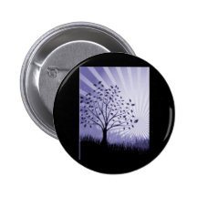 Tree Leaves Grass Silhouette & Sunburst - Indigo Pinback Buttons