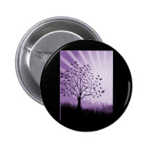 Tree Leaves Grass Silhouette & Sunburst - Purple Pinback Button