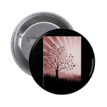 Tree Leaves Grass Silhouette & Sunburst - Red Pinback Buttons