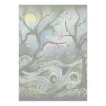 tree night scene full moon silk art painting business card templates