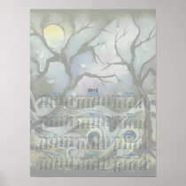 tree night scene full moon silk art painting posters