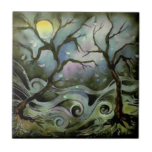 tree night scene full moon silk art painting ceramic tiles