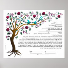 Tree of Life Ketubah in Hebrew with 7 pomegranated Print