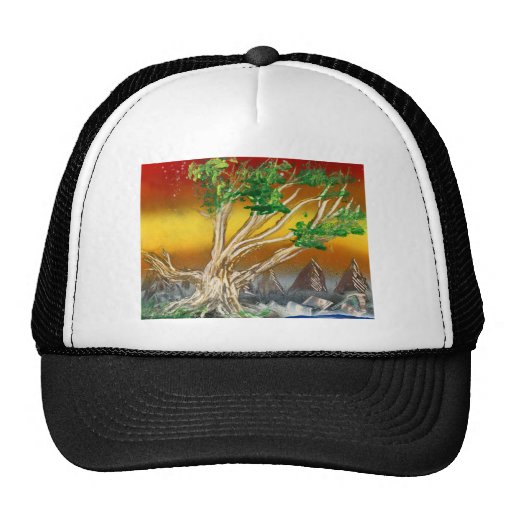 Tree Painting Red Orange with Mountains Trucker Hats