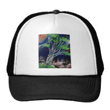 Tree Painting with blue city and orange sun Hat