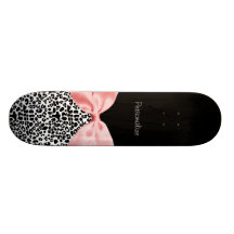 Trendy Black And White Leopard Print Pink Ribbon Skateboard