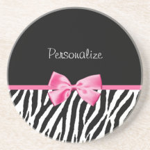 Trendy Black And White Zebra Print Pink Ribbon Drink Coaster
