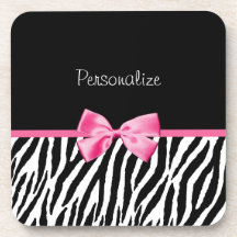 Trendy Black And White Zebra Print Pink Ribbon Beverage Coasters