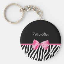 Trendy Black And White Zebra Print Pink Ribbon Keychain