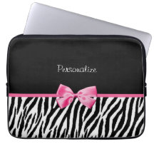 Trendy Black And White Zebra Print Pink Ribbon Laptop Computer Sleeve