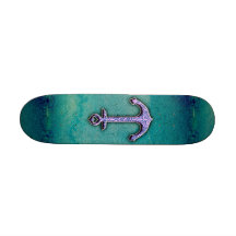 Trendy Blue and teal watercolor Heart Anchor Skateboard Deck