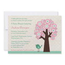 Trendy circle tree and bird baby shower invitation