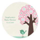Trendy circle tree and bird baby shower stickers