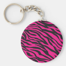 Trendy Hot Pink Fuchsia Black Zebra Stripes Print Keychains