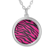 Trendy Hot Pink Fuchsia Black Zebra Stripes Print Necklaces