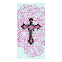 Trendy Pink and White Floral Cross Photo Greeting Card