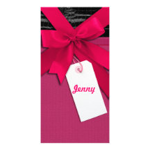 Trendy Pink bow on black and pink leather Custom Photo Card