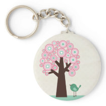 Trendy pink green circles tree bird keychain