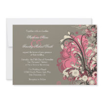 Trendy pink grey grunge swirls wedding invitation