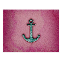 Trendy Pink Watercolor Heart Anchor Postcards