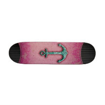 Trendy Pink Watercolor Heart Anchor Skate Boards