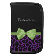 Trendy Purple And Black Giraffe With Green Ribbon Folio Planner