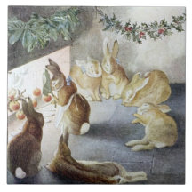Trépied de tuile d'art de lapins de Noël de Beatri Carreau En Céramique