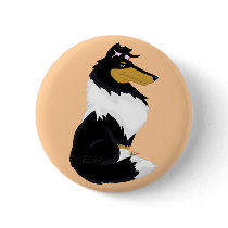 Tri-colour Rough Collie Cartoon Button