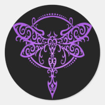 Tribal Dragonfly, Purple and Black Round Stickers