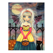 Trick or Treat Cute Halloween Vampire and Cat Post Cards