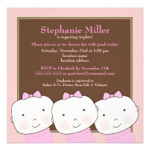 Triplets Girl Pink Brown Baby Shower Invitation