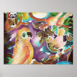 Tropical Birds at Full Moon Paradise Silk Painting Posters