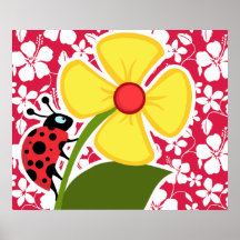 Tropical Fuschia Hibiscus; Ladybug Print