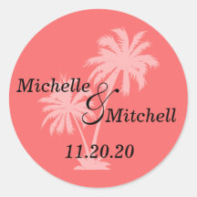 Tropical Palm Trees Wedding Labels (Coral) Sticker