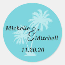 Tropical Palm Trees Wedding Labels (Teal) Round Sticker