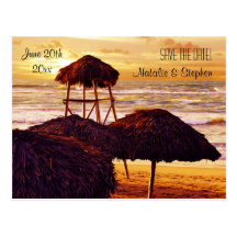 tropical sunset wedding save the date postcard