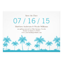 Tropical Teal Blue Palm Trees Save The Date Personalized Invitations