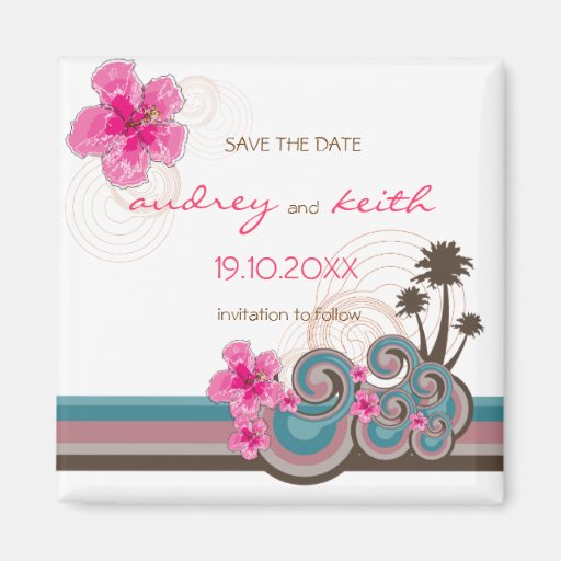 Tropical Waves & Pink Hibiscus Save Date Magnet