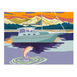trout jumping fishing boat yacht postcard
