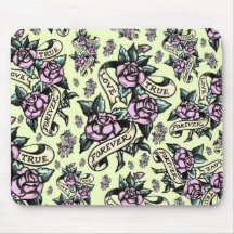 True Love Forever  Tattoo Style art in yellow. Mouse Pad