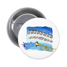 Trumpet and Keyboard, blue theme graphic music Pinback Buttons