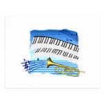 Trumpet and Keyboard, blue theme graphic music Postcards