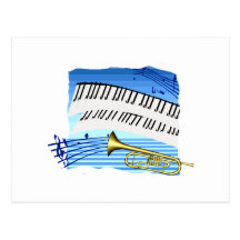 Trumpet and Keyboard, blue theme graphic music Postcards
