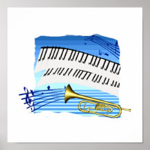 Trumpet and Keyboard, blue theme graphic music Posters