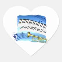 Trumpet and Keyboard, blue theme graphic music Heart Stickers