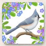 Tufted Titmouse in Forget Me Nots Cork Coaster