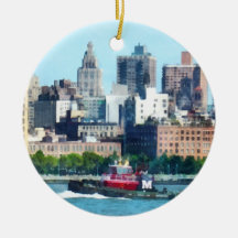 Tugboat Against Manhattan Skyline Christmas Ornaments